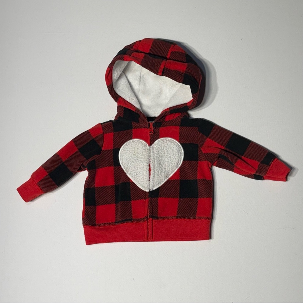 Buffalo Plaid Carter's Red Black Sherpa Heart Full Zip Hoodie Jacket 3M